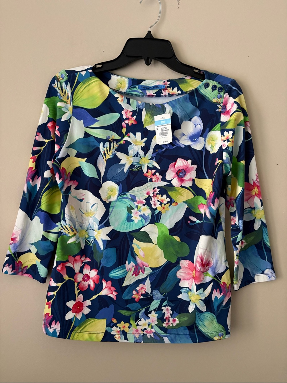J. McLaughlin Navy Floral 3/4 Sleeve Top Sz. M New